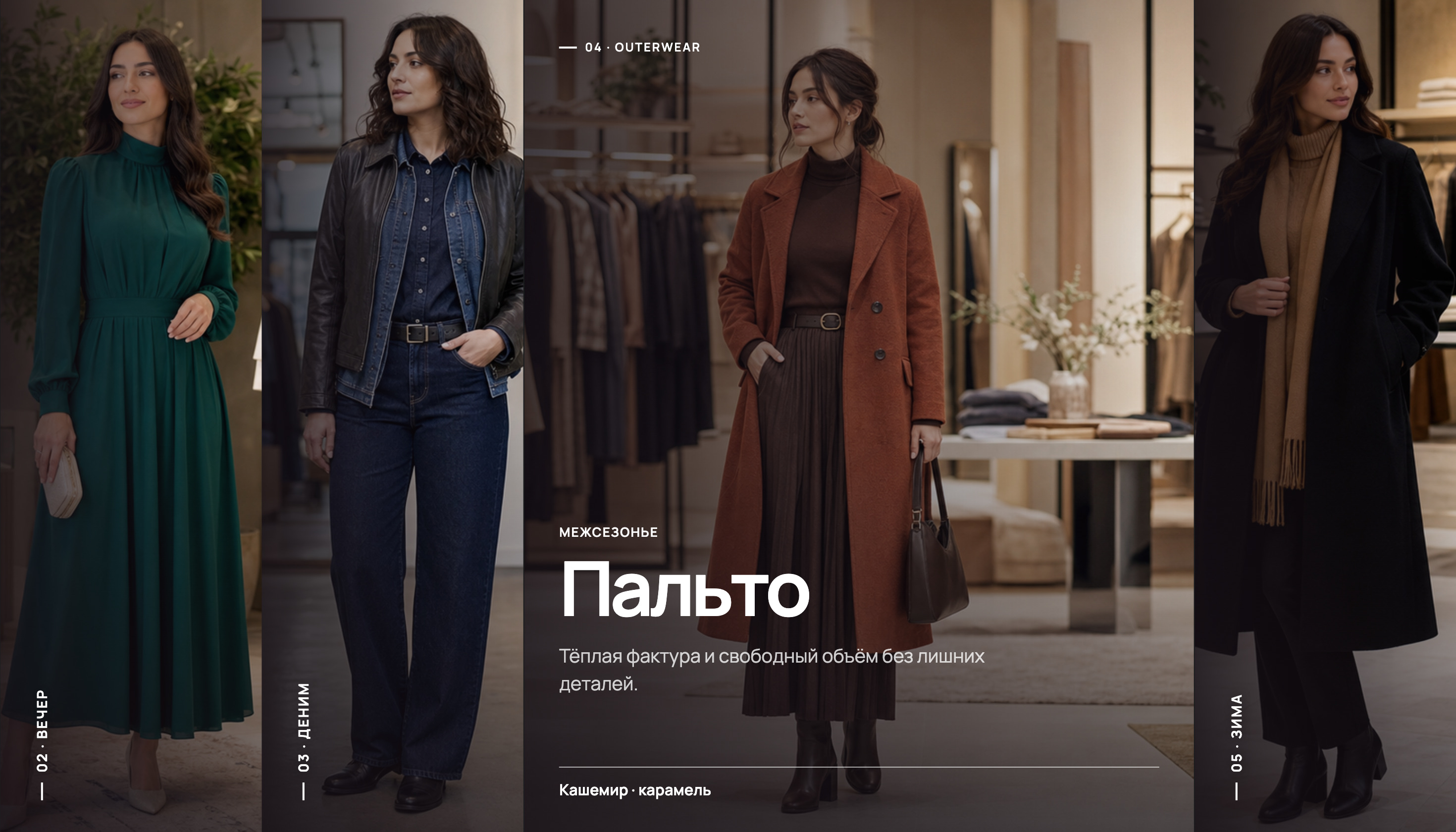 Fashion-демо Horizontal Accordion: карточка «Пальто» раскрыта, Preview Overlay свёрнутых карточек снизу слева
