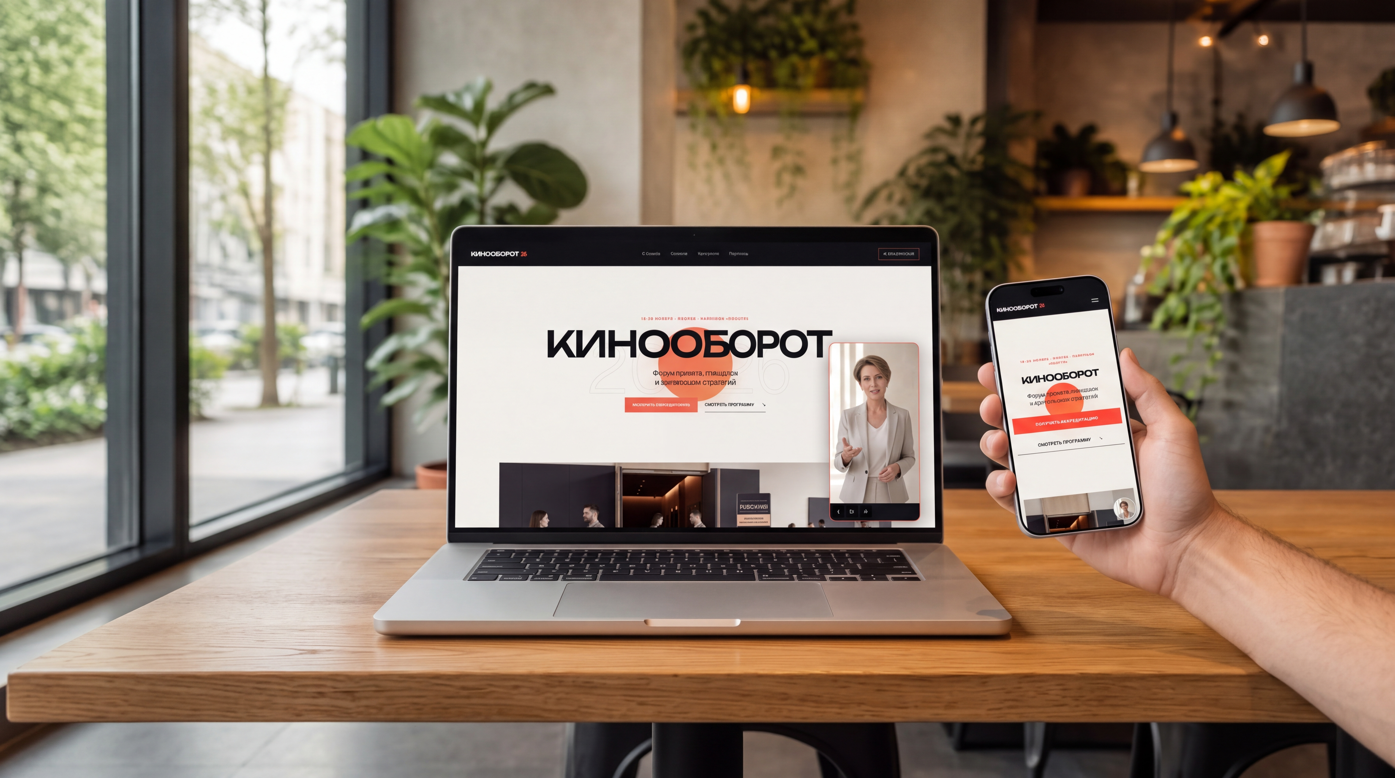 Сайт форума на ноутбуке и смартфоне с раскрытым Welcome Element и приветственным видео
