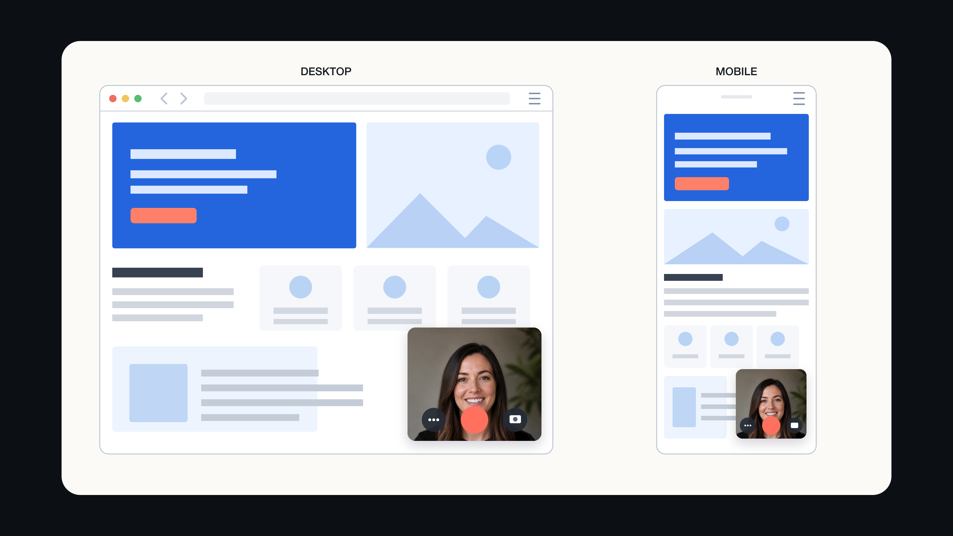 Welcome Element на desktop и mobile с безопасными отступами; в видеокадре показан человек